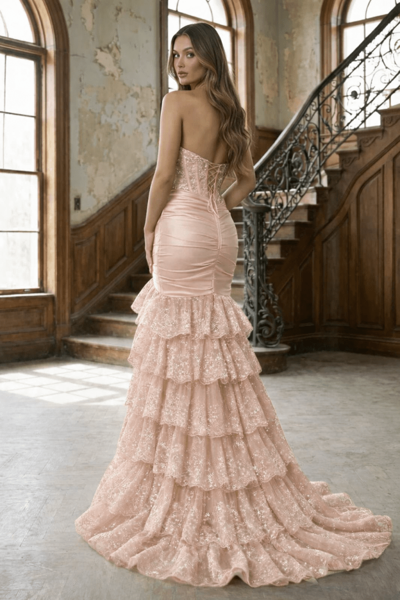 sweetheart mermaid bridesmaid dress Red Strapless Sweetheart Mermaid Pleated Layered Long Prom Dress With Slit, Pink / 12