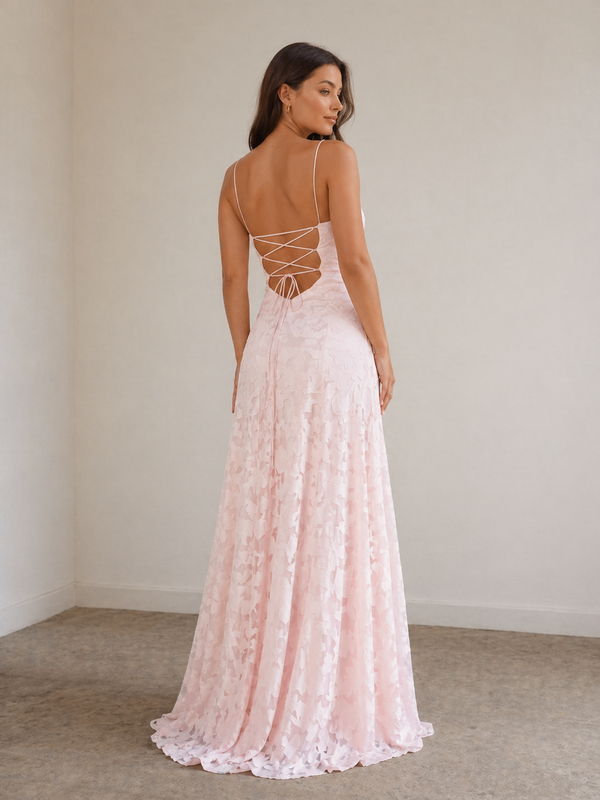 Pink A-Line Lace Floral Spaghetti Straps Long Prom Dresses, Pink / 12 Pink A-Line Lace Floral Spaghetti Straps Long Prom Dresses, Pink / 12
