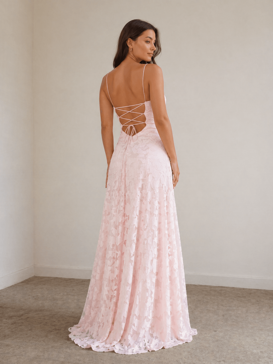 KissProm Pink A-Line Lace Floral Spaghetti Straps Long Prom Dresses, Pink / 12