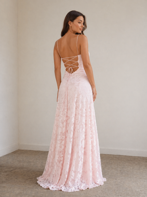 Pink A-Line Lace Floral Spaghetti Straps Long Prom Dresses – Prom Dresses by KissProm | Available at KissProm
