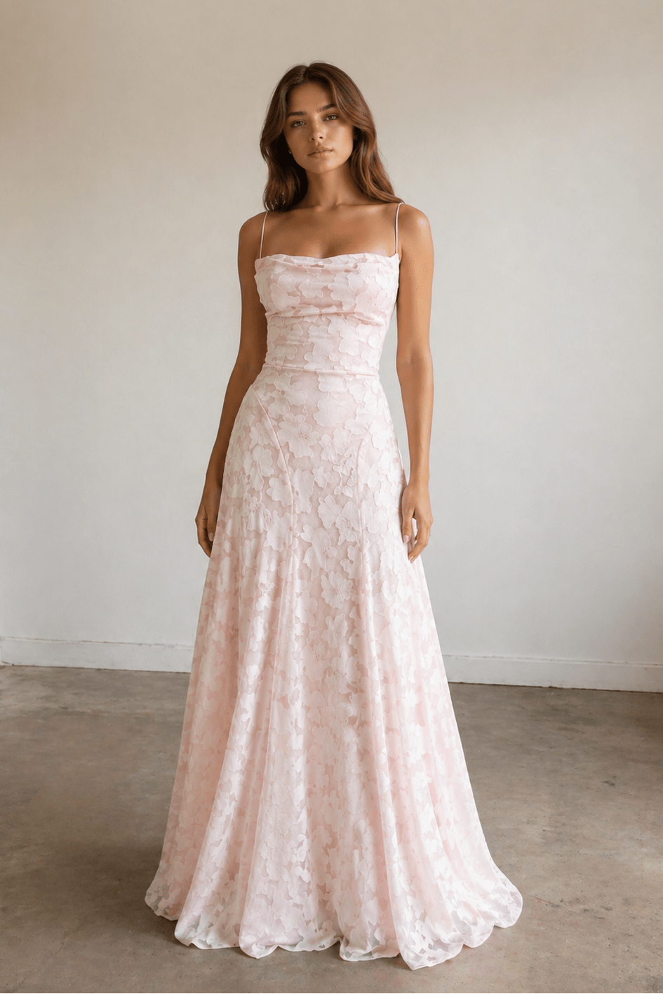 KissProm Pink A-Line Lace Floral Spaghetti Straps Long Prom Dresses, Pink / 12