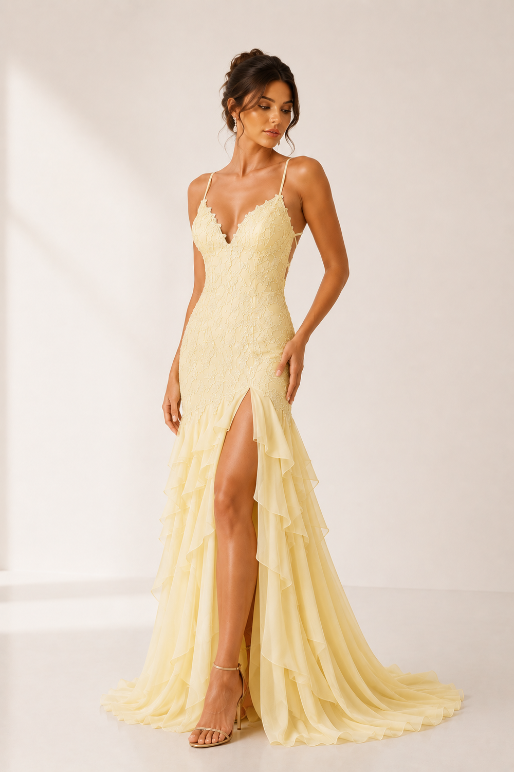 Yellow Spaghetti Straps Mermaid Lace Appliqued Prom Dresses With Ruffles
