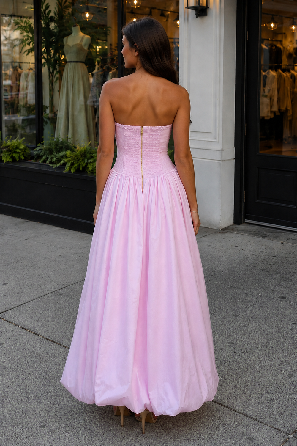 Pink Strapless A Line Satin Pleated Prom Dresses With Slit