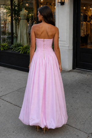 Pink Strapless A Line Satin Pleated Prom Dresses With Slit