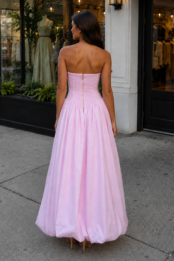 Pink Strapless A Line Satin Pleated Prom Dresses With Slit