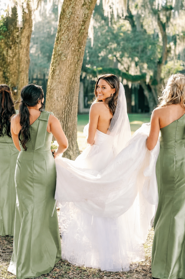 Light Blue One Shoulder Satin Sheath Long Bridesmaid Dresses
