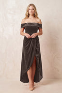 Chocolate Off-the-Shoulder Sheath Velvet Midi Bridesmaid Dress - KISSPROM