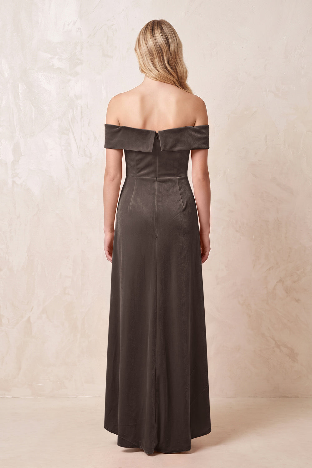 Chocolate Off-the-Shoulder Sheath Velvet Midi Bridesmaid Dress - KISSPROM
