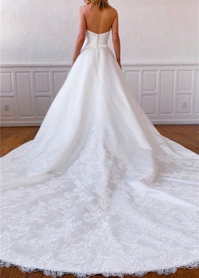 Timeless Ball Gown Strapless Long Satin White Sweep Train Wedding Dresses Brides Dress DP500 main image 1