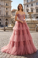 Red Tulle Off-the-Shoulder Ruffle Tiered Long Prom Dress - KISSPROM PROM DRESSES