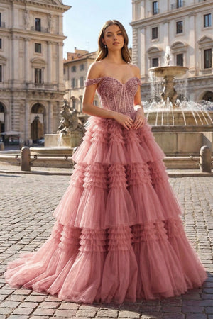 Red Tulle Off-the-Shoulder Ruffle Tiered Long Prom Dress - KISSPROM PROM DRESSES