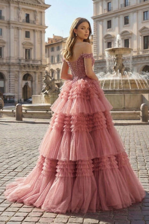 Red Tulle Off-the-Shoulder Ruffle Tiered Long Prom Dress - KISSPROM PROM DRESSES