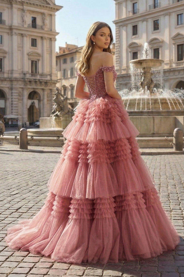Red Tulle Off-the-Shoulder Ruffle Tiered Long Prom Dress - KISSPROM PROM DRESSES