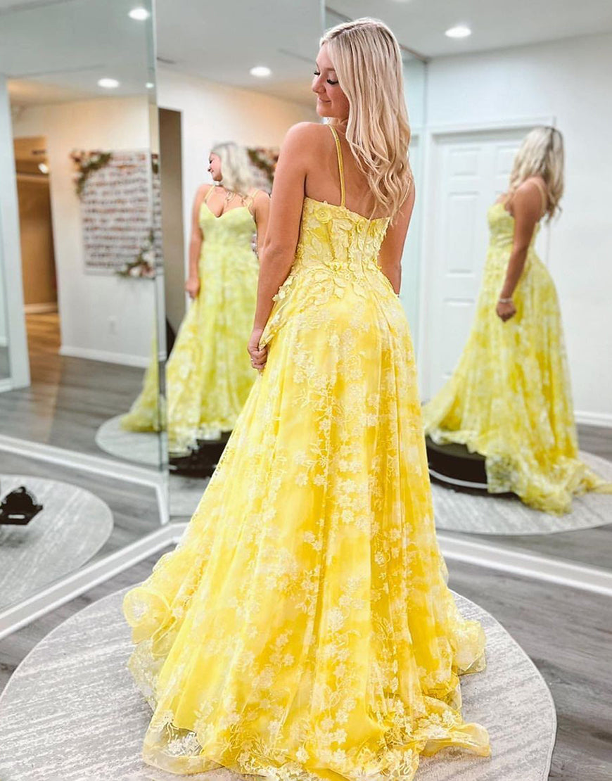 Ellis | Cute Yellow A-Line Spaghetti Straps Long Prom Dress With Appliques