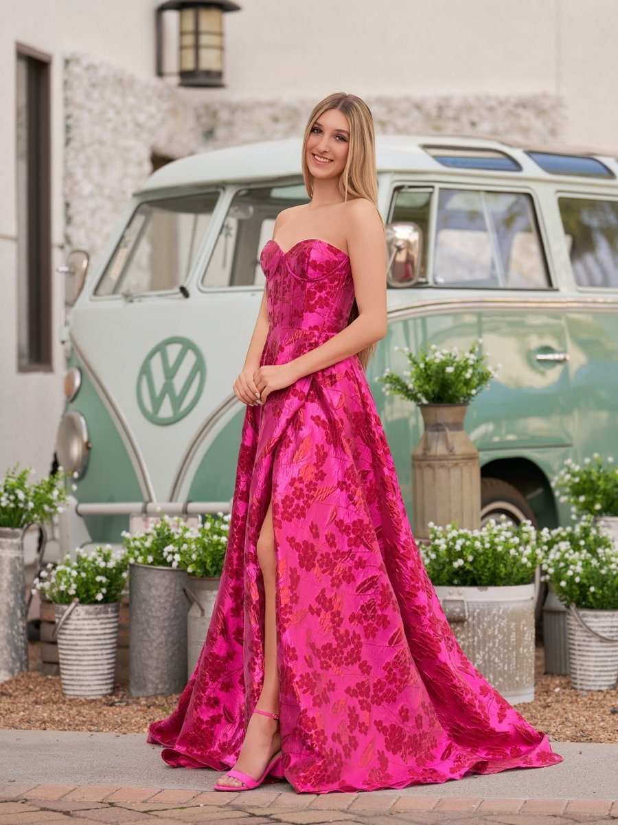 KissProm Stylish A Line Sweetheart Fuchsia Jacquard Satin Prom Dress, Fuchsia / 00