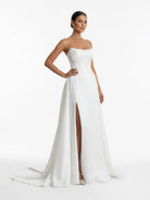 Jane | A-Line Strapless White Satin Wedding Dresses with Slit