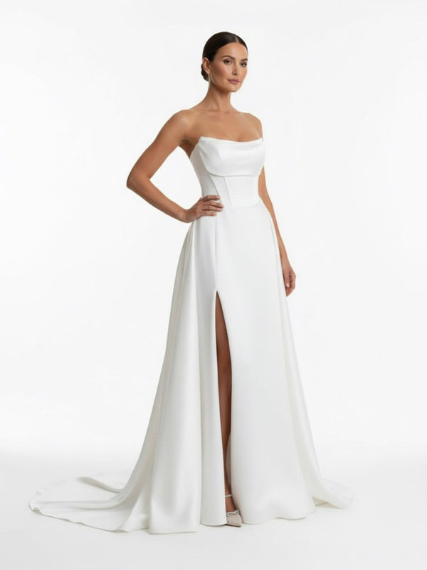 Jane | A-Line Strapless White Satin Wedding Dresses with Slit