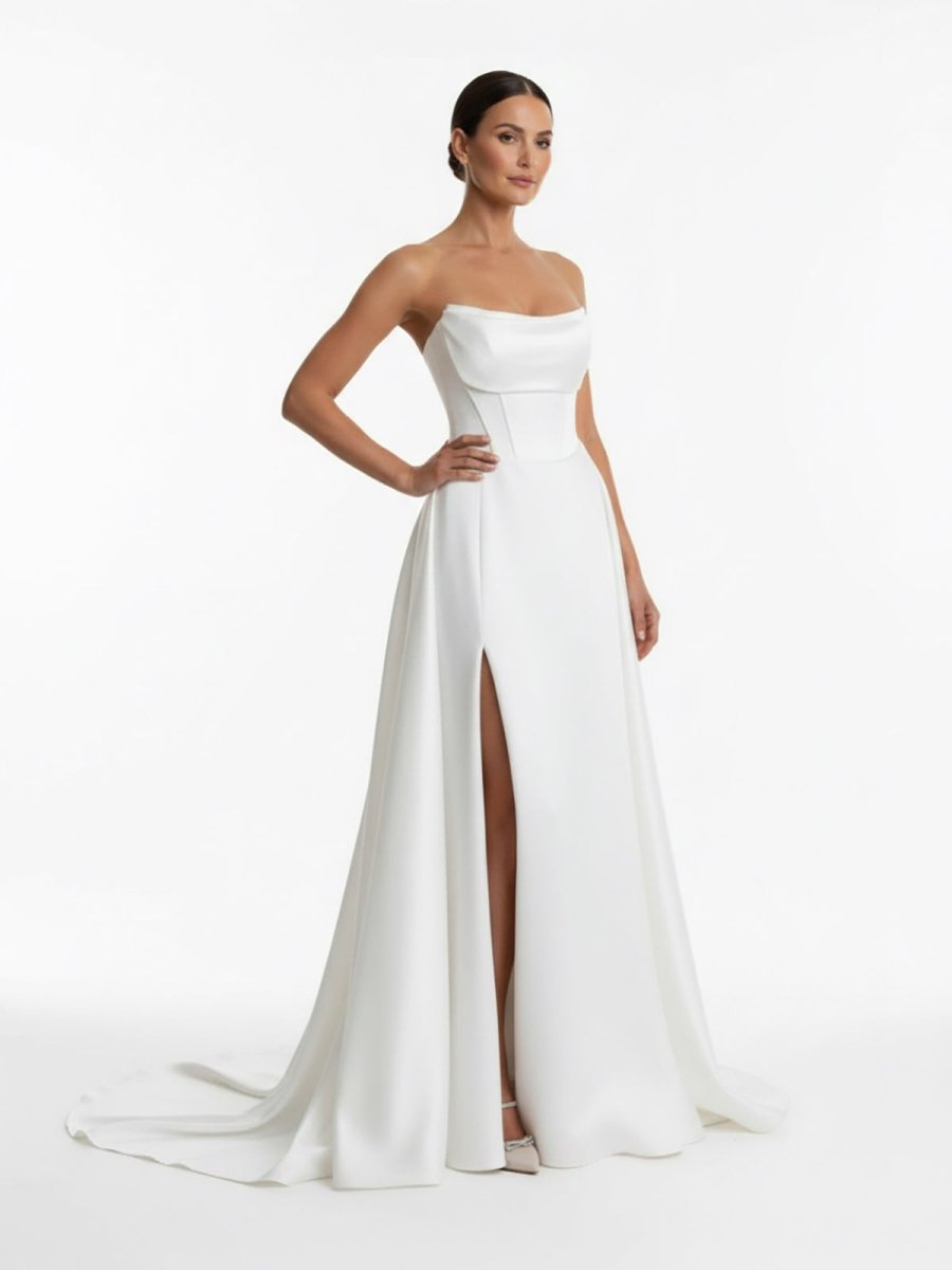 A-Line Strapless White Satin Wedding Dresses with Slit A-Line Strapless White Satin Wedding Dresses with Slit