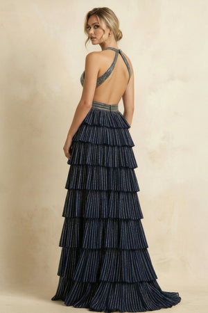 Navy Blue - A - Line Halter Satin Beaded Long Prom Dresses With Ruffles - KissProm