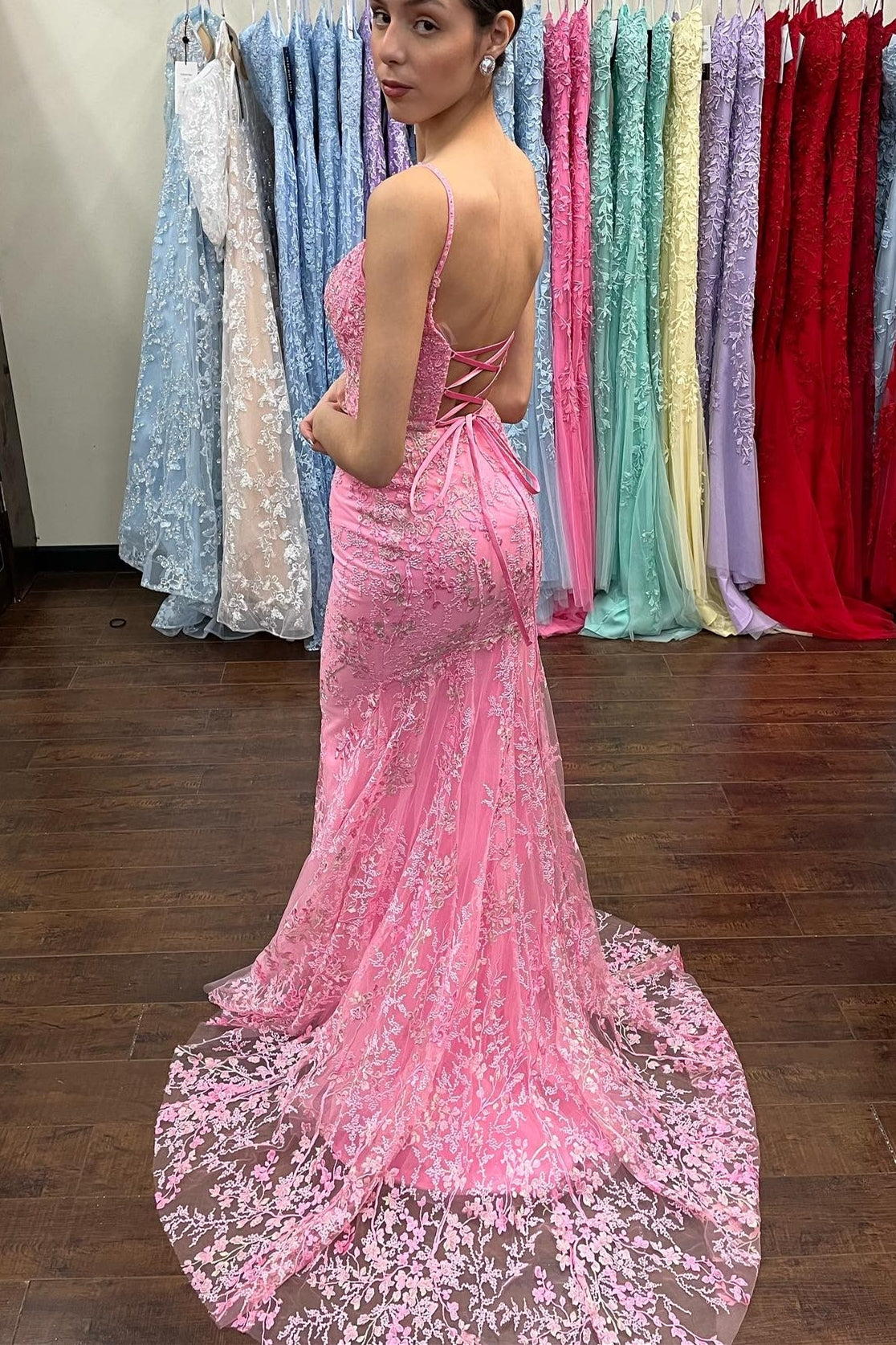 Azariah | Mermaid Pink Lace Appliques Long Prom Dress