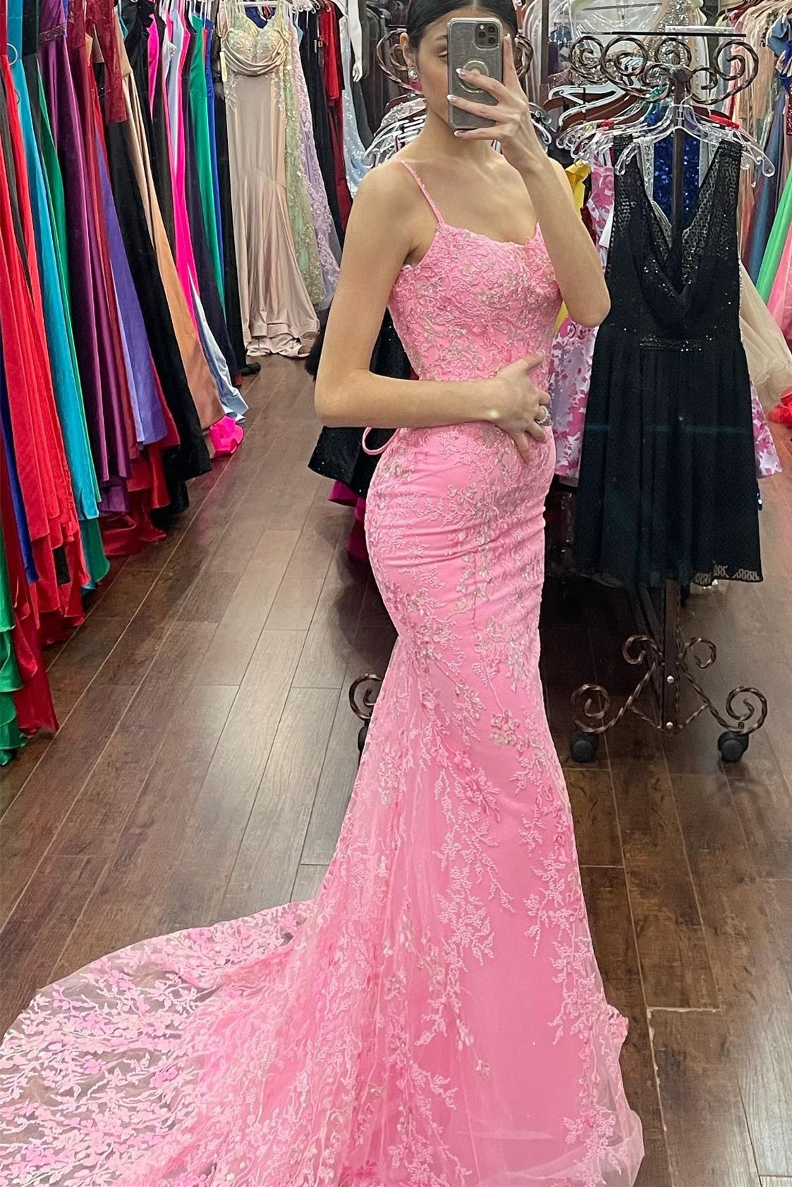 Azariah | Mermaid Pink Lace Appliques Long Prom Dress