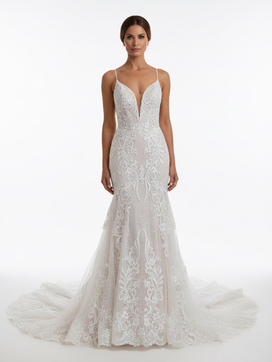 Aliza | Ivory Mermaid Spaghetti Straps Backless Long Lace Wedding Dress - KissProm