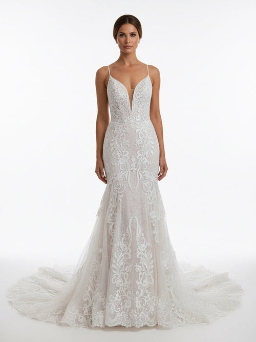 Aliza | Ivory Mermaid Spaghetti Straps Backless Long Lace Wedding Dress - KissProm