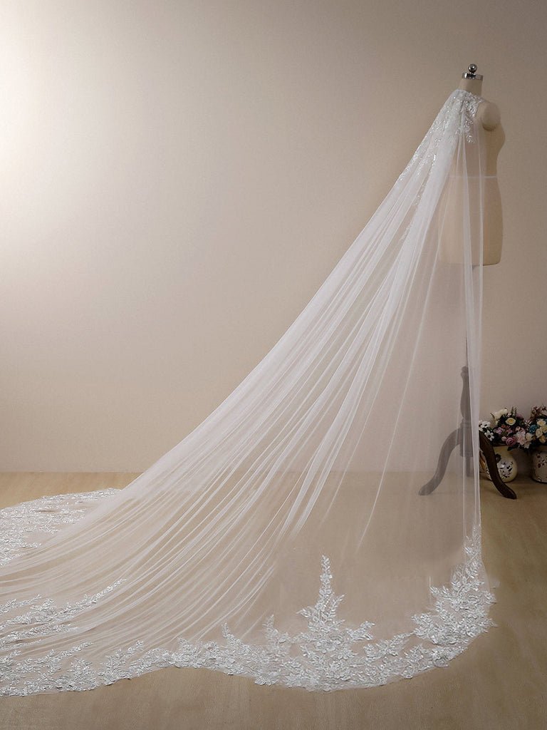 Vintage Floral Lace with Sequins Cathedral Veil Shaped Bridal Veil Wedding Veil