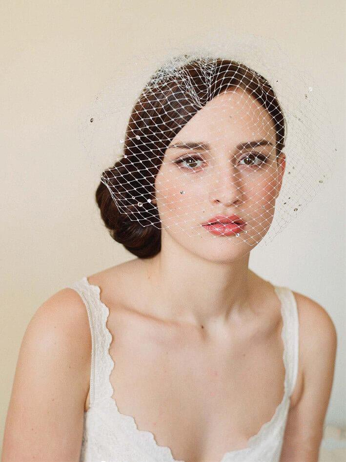 Vintage Ivory Mesh Birdcage Wedding Veils with Tiny Crystals - KissProm