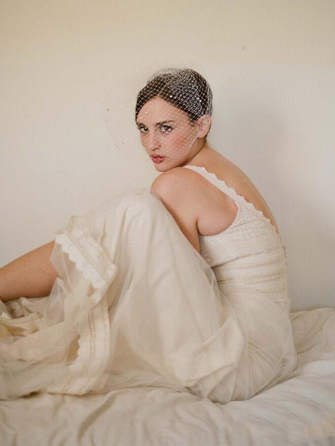 Vintage Ivory Mesh Birdcage Wedding Veils with Tiny Crystals - KissProm