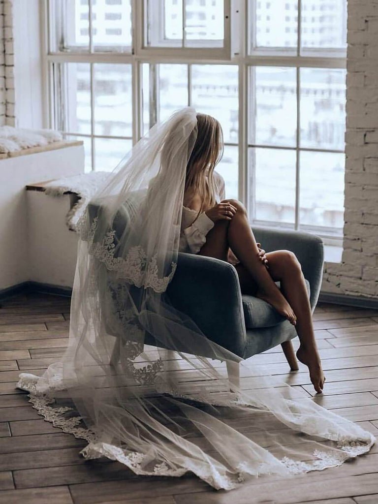 Two Tiers Ivory Lace Cathedral Veils - KissProm