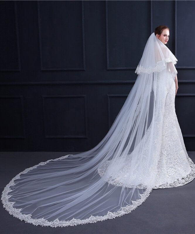 Two Tiers Ivory Lace Cathedral Veils - KissProm