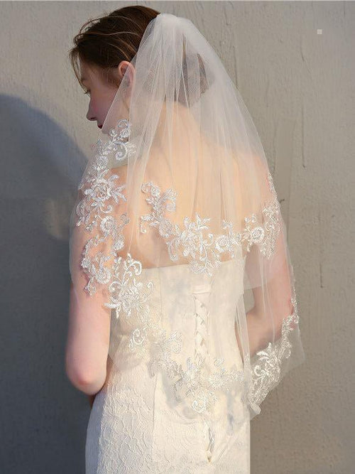 Two Tier Ivory Lace Short Bridal Veils Mid Length Wedding Veil