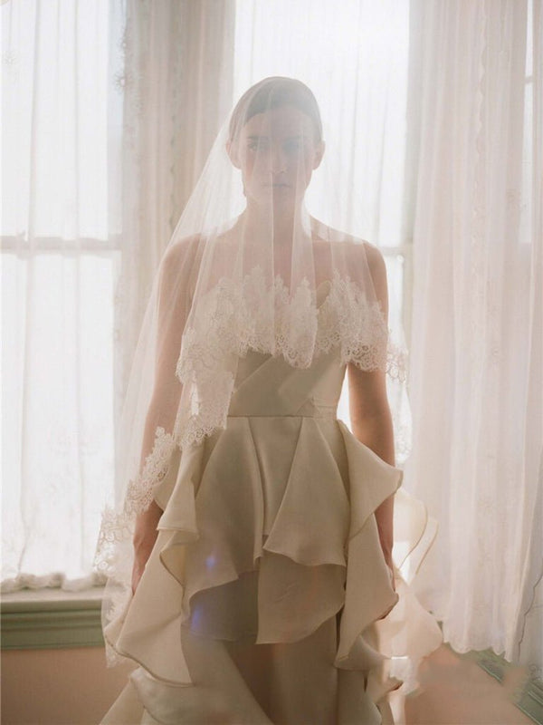 Traditional Drop Veils Ivory Tulle & Lace Wedding Veil - KissProm