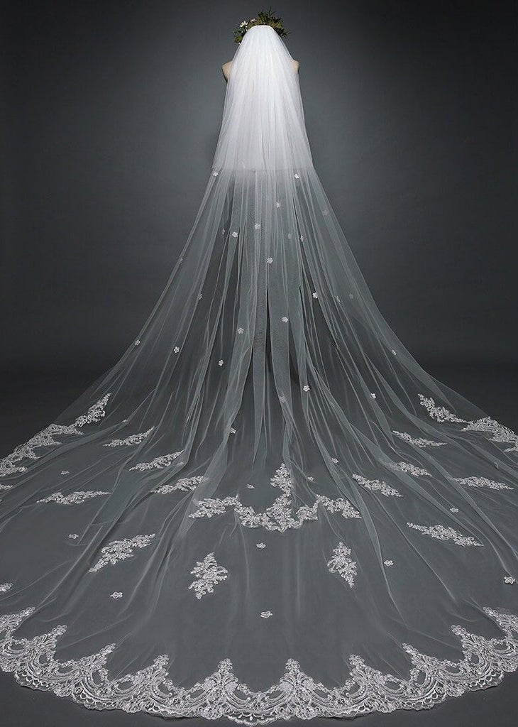 White Cathedral Veil with Blusher Lace Applique Long Wedding Veil - KissProm