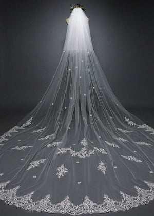 White Cathedral Veil with Blusher Lace Applique Long Wedding Veil - KissProm