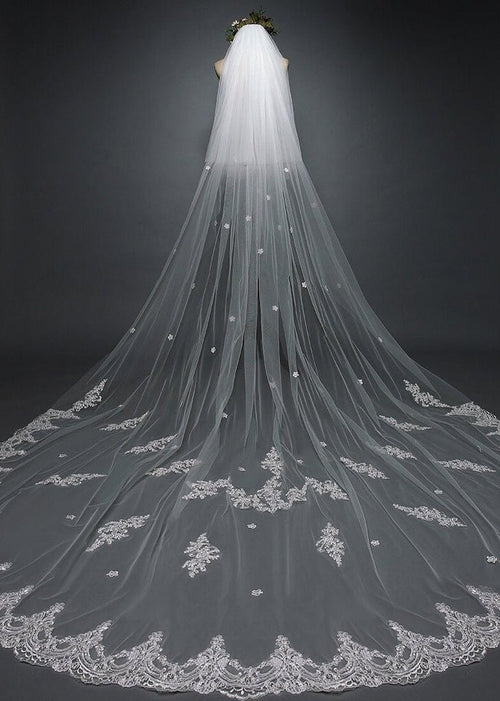 White Cathedral Veil with Blusher Lace Applique Long Wedding Veil - KissProm