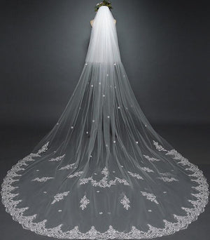 White Cathedral Veil with Blusher Lace Applique Long Wedding Veil - KissProm