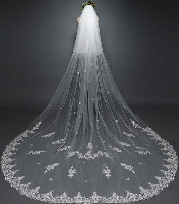 White Cathedral Veil with Blusher Lace Applique Long Wedding Veil - KissProm