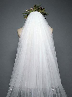 White Cathedral Veil with Blusher Lace Applique Long Wedding Veil - KissProm