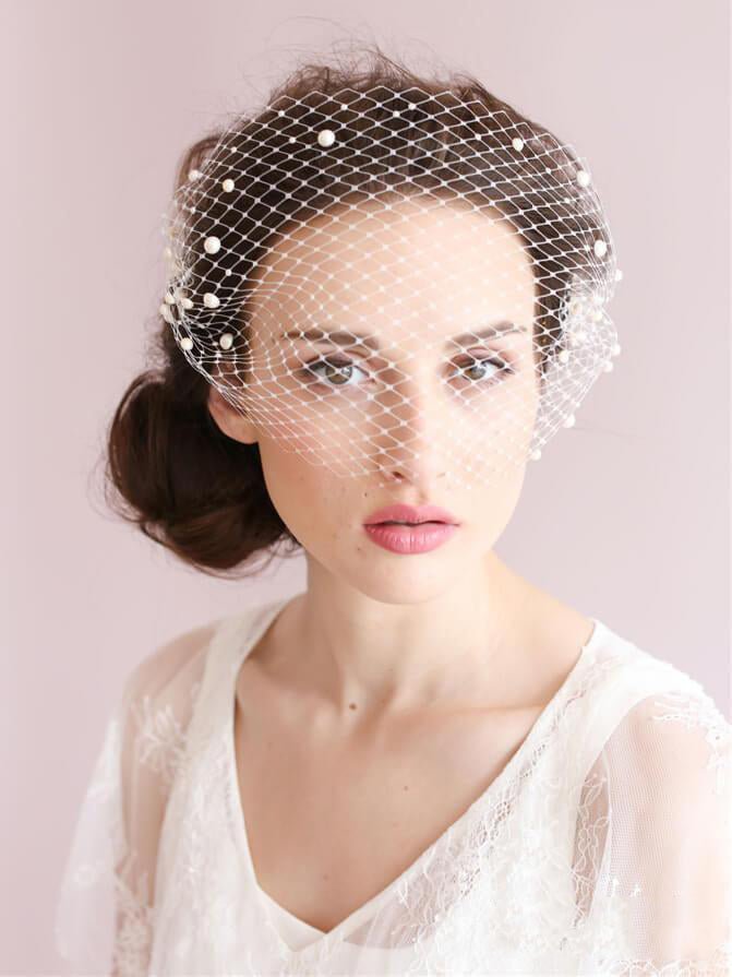 Vintage Ivory Mesh Birdcage Wedding Veils with Pearls - KissProm