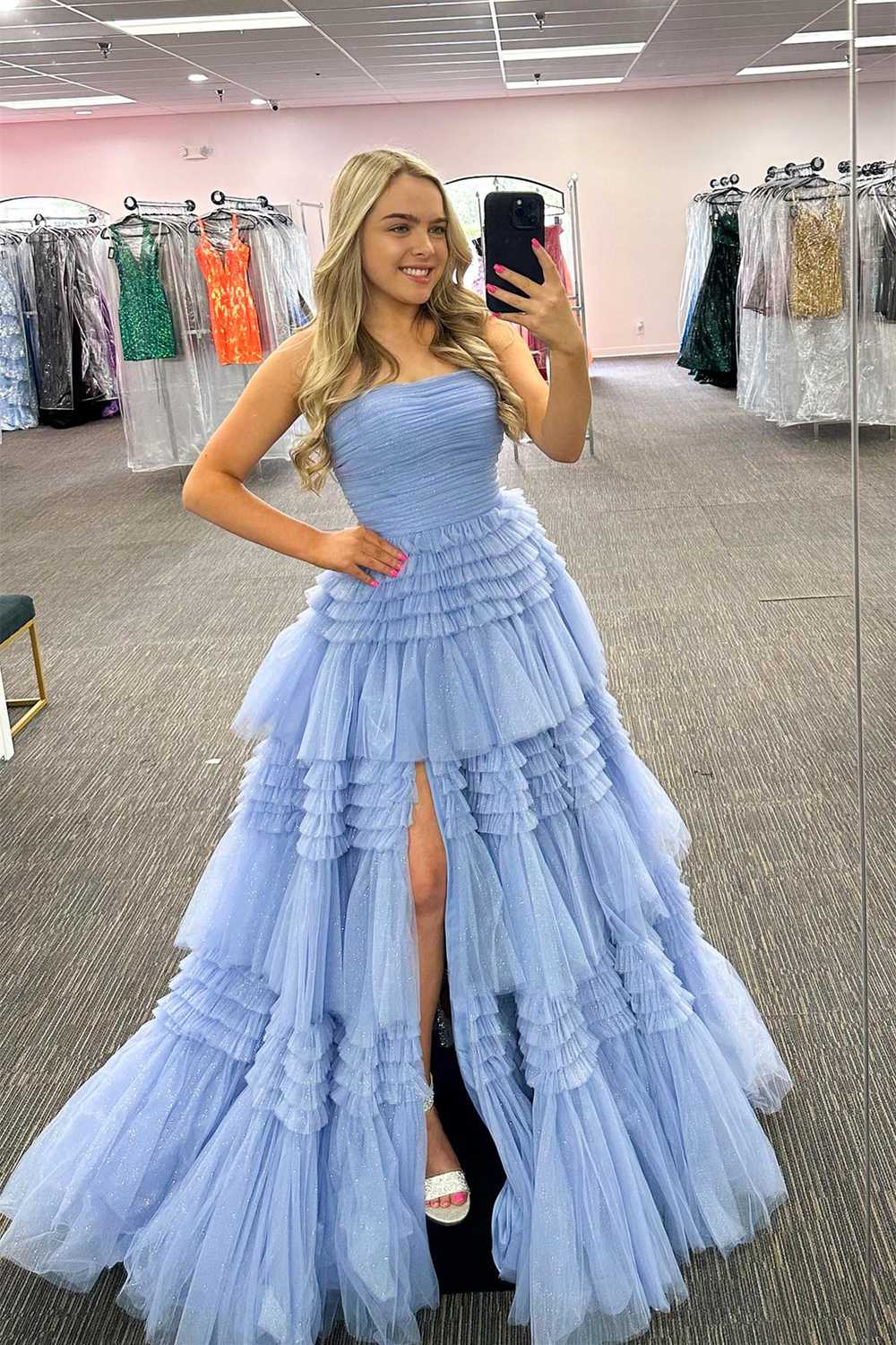 knee length dresses for ladies Dressime A Line Strapless Princess Tulle Tiered Layers Ruffles Long Pr –  dressime