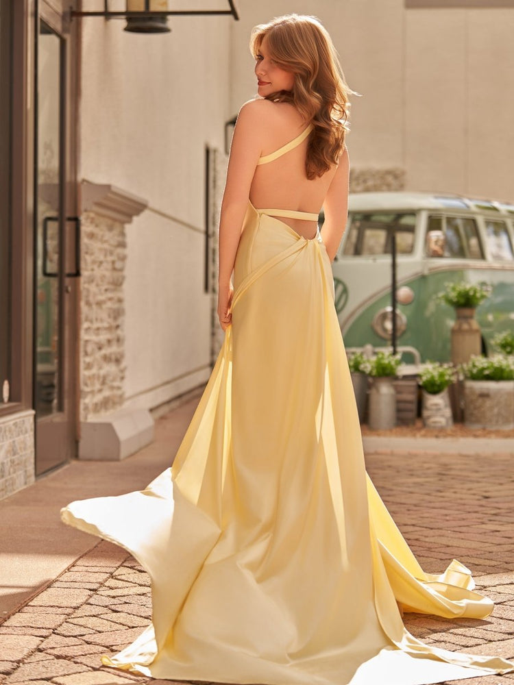 Simple Yellow V Neck Mermaid Satin Long Prom Dress with Ruffles main image 0