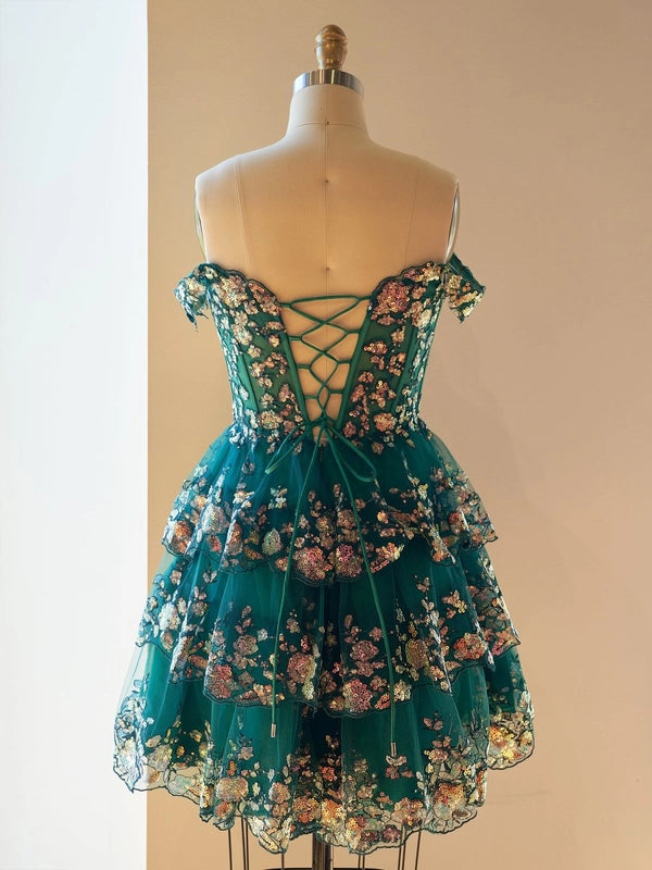Everly | Green - A-Line Sweetheart Tiered Short Homecoming Dress