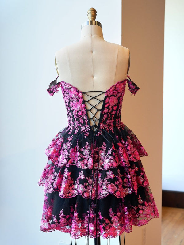 Everly | Black Pink - A-Line Sweetheart Tiered Short Homecoming Dress