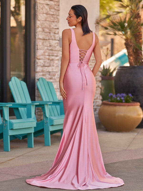 Ixia | V Neck Pink Satin Mermaid Sleeveless Long Prom Dress