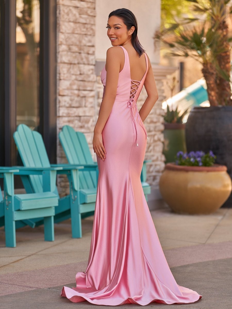 KissProm Pink V Neck Satin Mermaid Sleeveless Long Prom Dress, Pink / 2