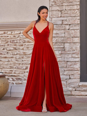 Rylan| Red Velvet Plunge V Cross Back A-Line Long Formal Dress