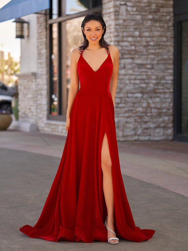 Rylan| Red Velvet Plunge V Cross Back A-Line Long Formal Dress