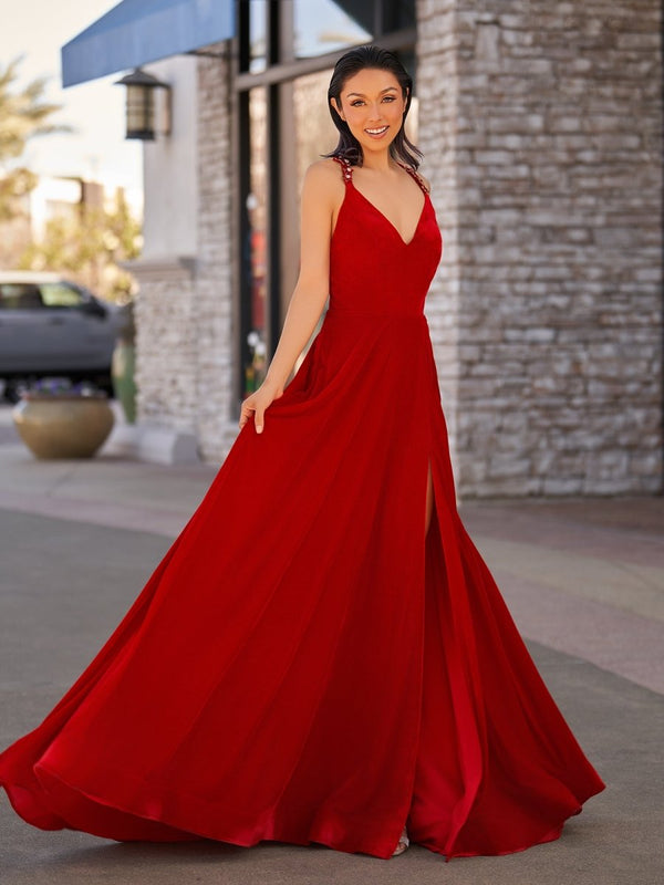 Rylan| Red Velvet Plunge V Cross Back A-Line Long Formal Dress